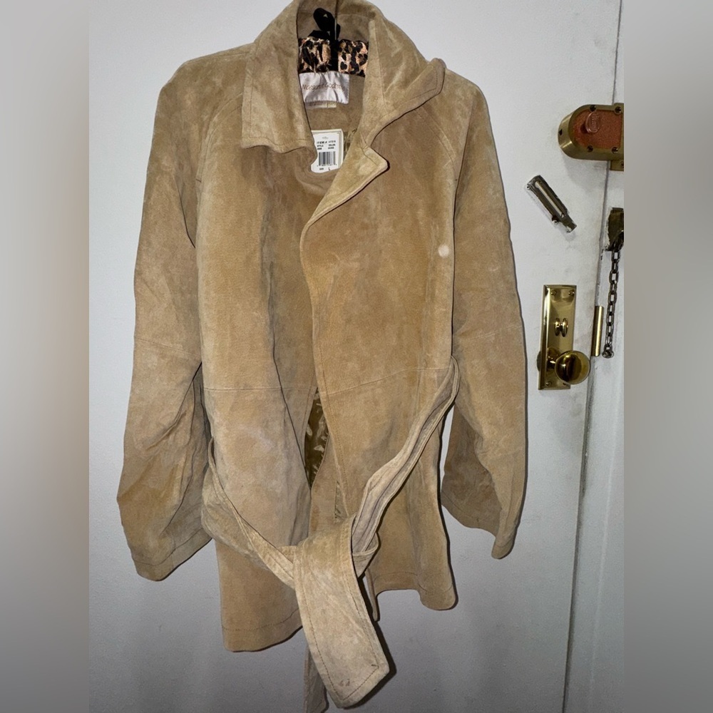NEW Margaret Godfrey Tan Open Front Belted Suede Beige Jacket Lined Sz Large
